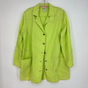 Alain Weiz Womens 16 Button Front Shirt Jacket Lime Green Pink Stitching Ramie